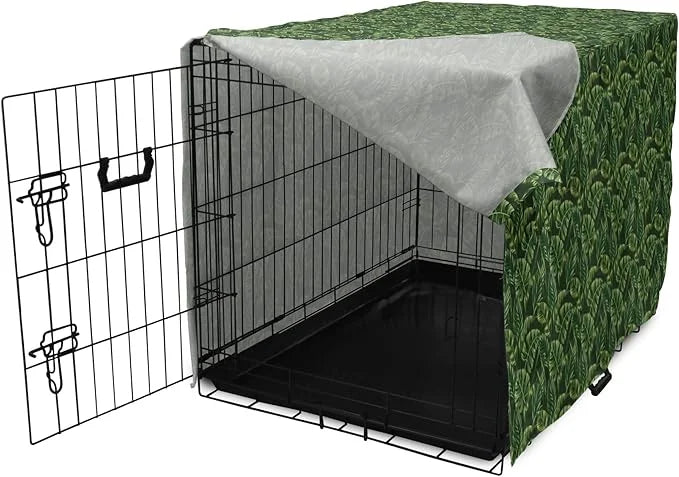 Lunarable Hunter Green Dog Crate Cover, Tropical Palm Leaves Exotic Plants Hawaiian Trees Jungle Natural Design, Easy to U...
