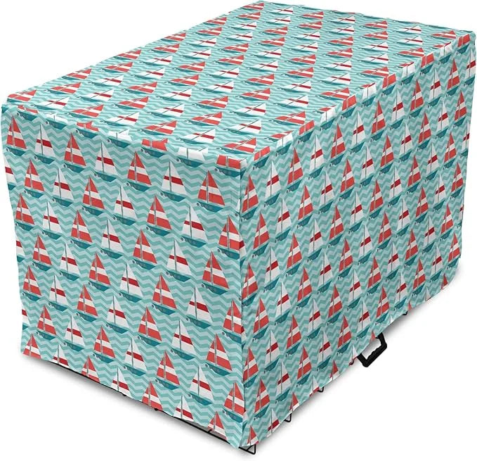 Lunarable Sail Boat Dog Crate Cover, Chevron Zigzag Lines Wavy Ocean Ships Abstract Geometric Summer Season, Easy to Use P...