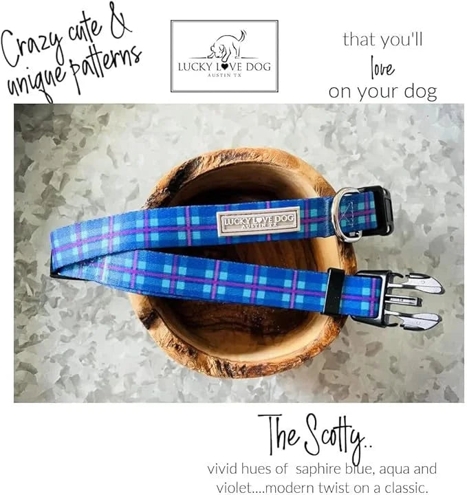 Lucky Love Dog, Blue and Violet Plaid Dog Collar, Adjustable & Comfy Collar for Boy and Girl Dog, Easy On & Off Clasp Acce...