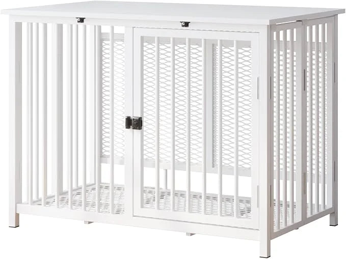 Heavy Duty Dog Crate Furniture, Fully Assembled exc. Locks, All Metal Frame & Wooden Tabletop, Modern Kennel for Small/Med...