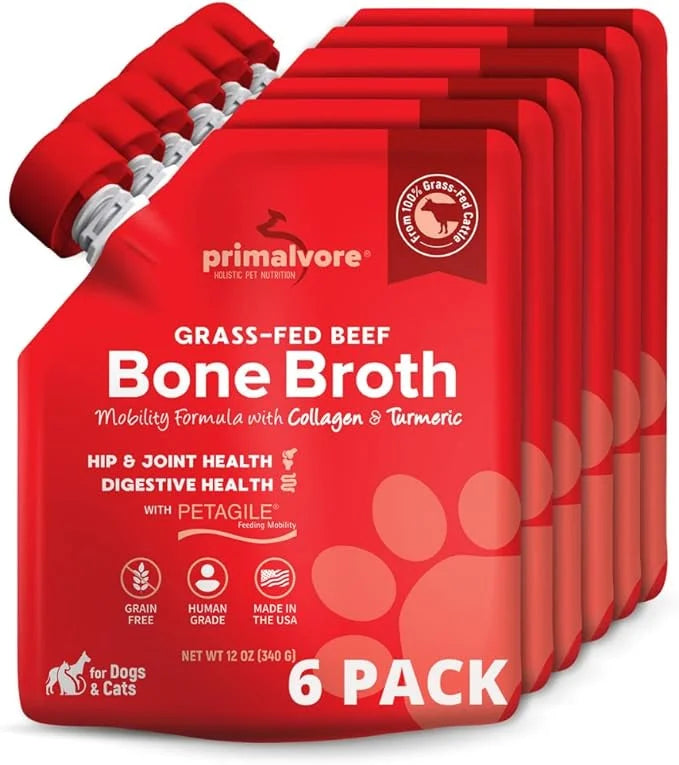 Primalvore Grass-Fed Beef Bone Broth for Dogs &Cats, Mobility Formula w/Collagen Peptides to Help Support Hip & Joints, Di...