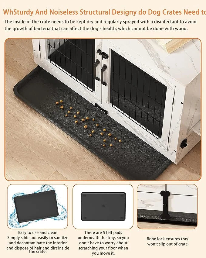 Piskyet Wooden Dog Crate Furniture with 360°Rotatable Removable Dog Bowls, Dog Crate End Table with Tray, Double Doors Dog...