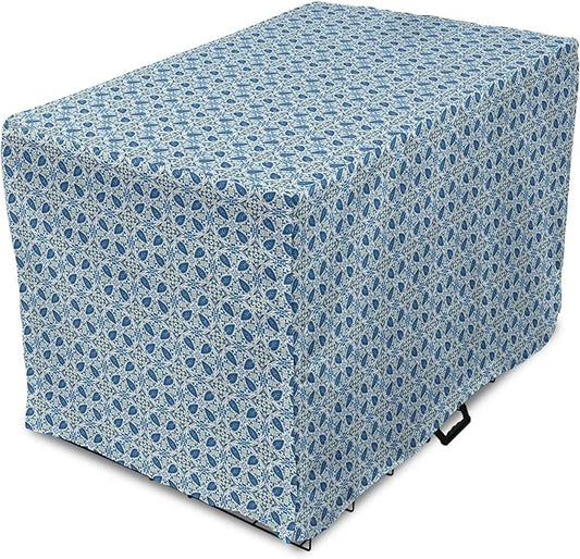 Lunarable Yellow and Blue Dog Crate Cover, Portuguese Traditional Tiles Abstract Mosaic Floral Swirl Motifs, Easy to Use P...