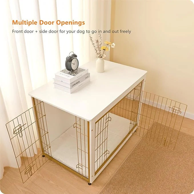 DWANTON Dog Crate Furniture with Cushion, Wooden Kennel Table with Double Doors, Indoor Dog House, Large Size, 38.5" L, Wh...