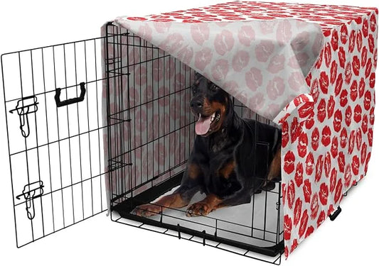 Lunarable Kiss Dog Crate Cover, Rhythmic Make up Red Luscious Lips Lipstick Imprint Illustration, Easy to Use Pet Kennel C...