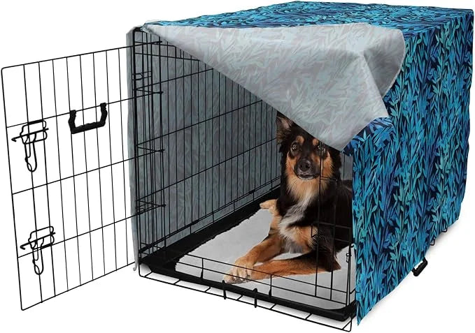 Lunarable Leaf Print Dog Crate Cover, Watercolor Hawaiian Inspired Nature Exotic Silhouettes on Dark Back, Easy to Use Pet...
