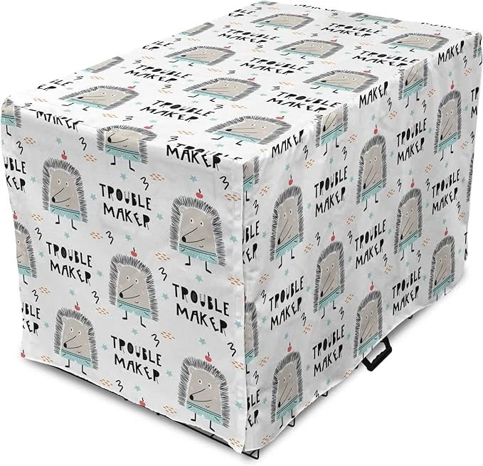 Lunarable Cartoon Dog Crate Cover, Hedgehog Trouble Maker Lettering with Apple and Stars Bad Boy Print, Easy to Use Pet Ke...