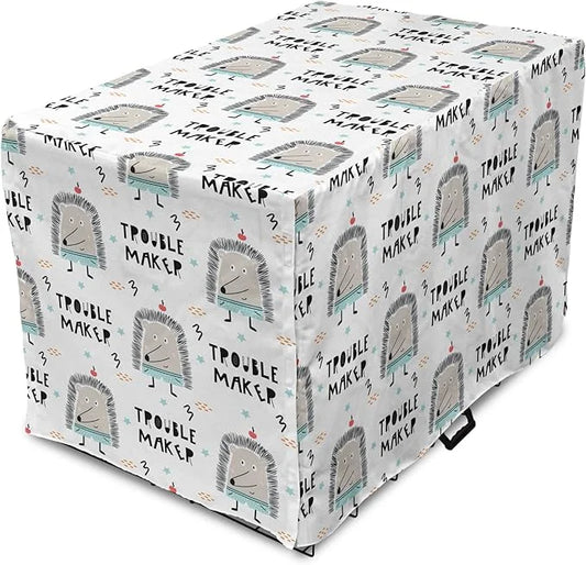 Lunarable Cartoon Dog Crate Cover, Hedgehog Trouble Maker Lettering with Apple and Stars Bad Boy Print, Easy to Use Pet Ke...