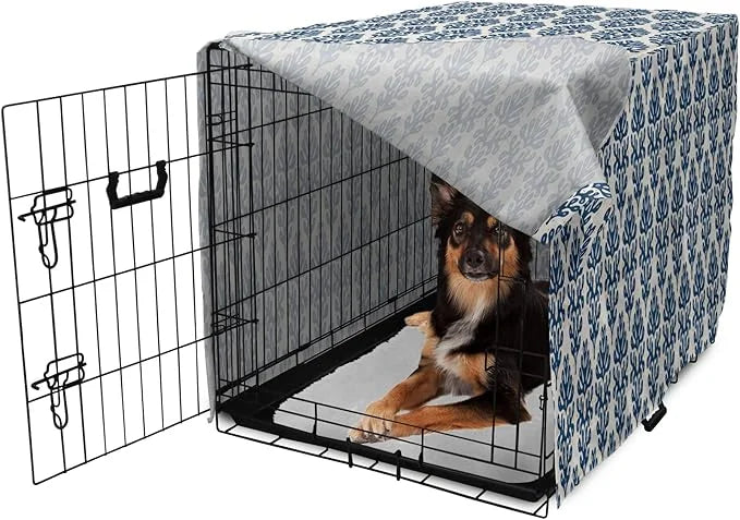 Lunarable Contemporary Blue Dog Crate Cover, Abstract Coral Inspired Motifs with Dots Around, Easy to Use Pet Kennel Cover...