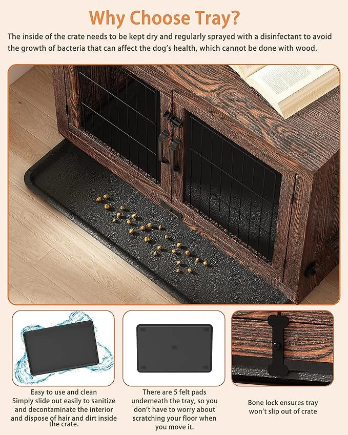 Piskyet Wooden Dog Crate Furniture with 360°Rotatable Removable Dog Bowls, Dog Crate End Table with Tray, Double Doors Dog...