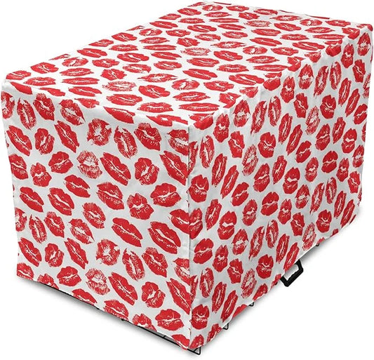 Lunarable Kiss Dog Crate Cover, Rhythmic Make up Red Luscious Lips Lipstick Imprint Illustration, Easy to Use Pet Kennel C...
