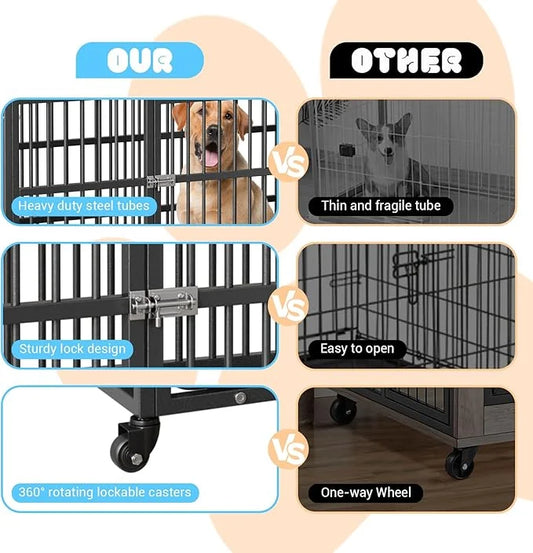 Heavy Duty Dog Crate, 52 Inch Dog Crate with Double Door, 360° Lockable Wheels and Removable Tray, Easy to Assembly，Indoor...