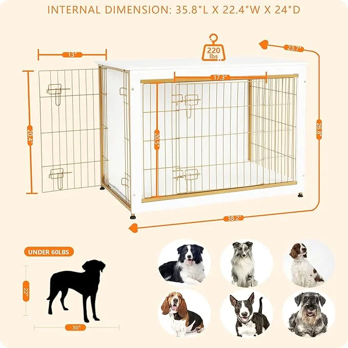 DWANTON Dog Crate Furniture with Cushion, Wooden Kennel Table with Double Doors, Indoor Dog House, Large Size, 38.5" L, Wh...