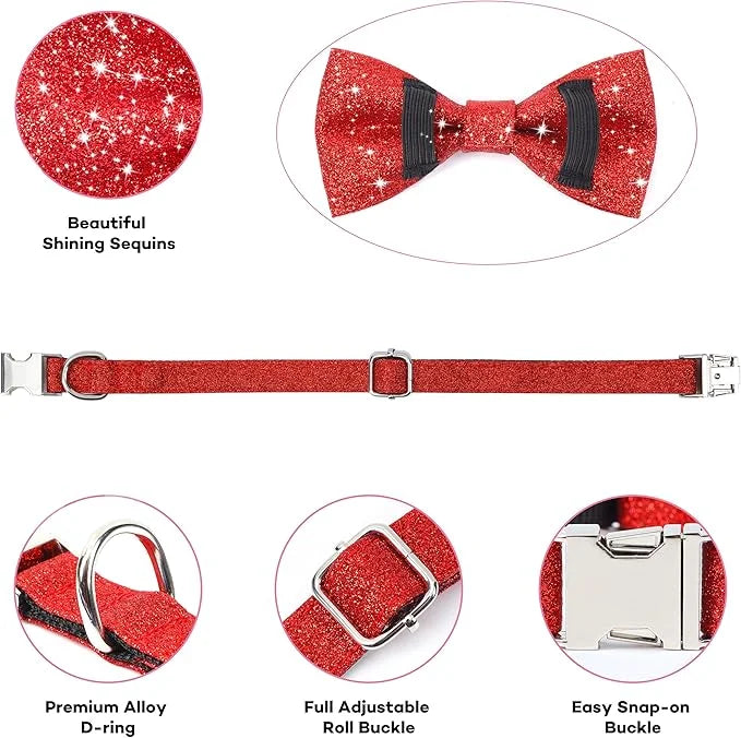 Bling Bow Tie Dog Collar and Leash Set, Red Christmas Dog Collar with Bow and 5ft Leash for Medium Dogs, Cute Walking Boy ...