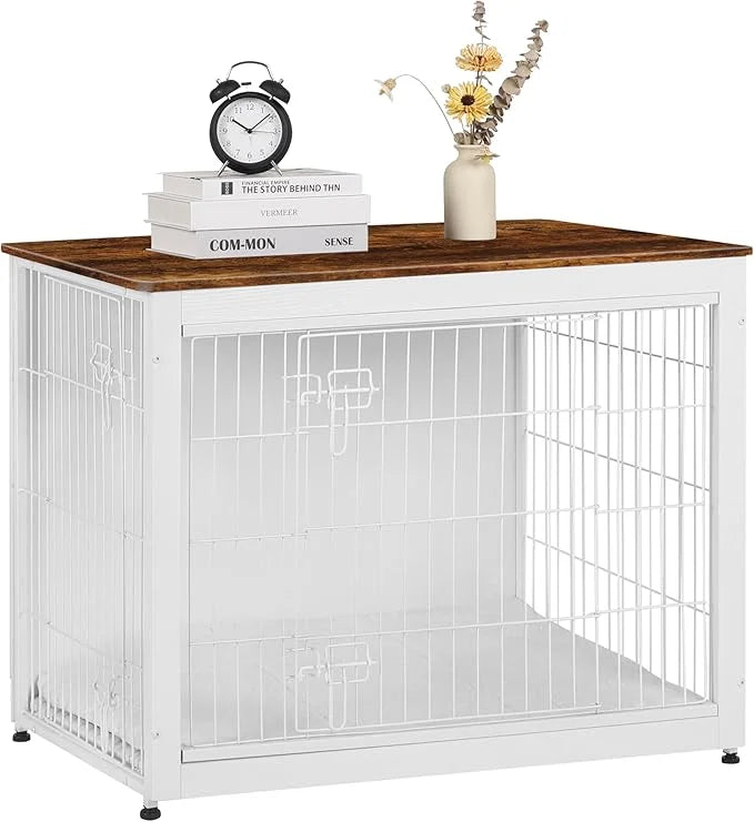 DWANTON Dog Crate Furniture with Cushion, Wooden Kennel Table with Double Doors, Indoor Dog House, Large Size, 38.5" L, Wh...