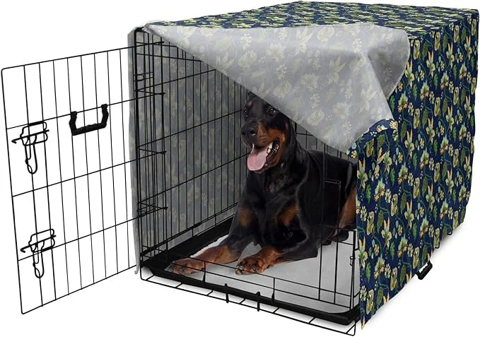 Lunarable Jacobean Dog Crate Cover, Triangles with Floral Pattern Stalks Leaves Flowers Whimsical Nature, Easy to Use Pet ...