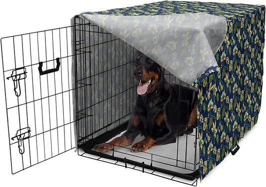 Lunarable Jacobean Dog Crate Cover, Triangles with Floral Pattern Stalks Leaves Flowers Whimsical Nature, Easy to Use Pet ...