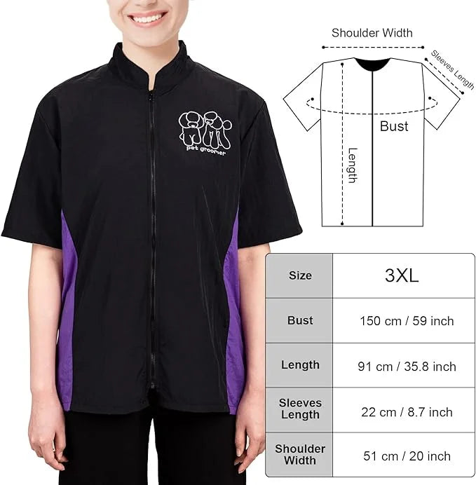 Noverlife Short Sleeves Pet Grooming Workwear With Full Zipper, 3XL Size, Anti-Static Beautician Smock, Lightweight Groome...