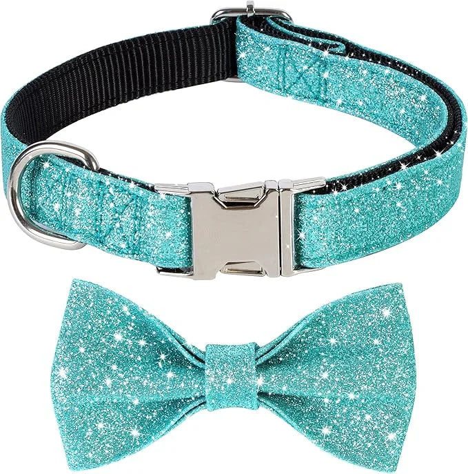 Bling Dog Bow Tie Collar for Small Medium Dogs, Cute Teal Boy Dog Collar with Bow for Daily Walking or Christmas Holiday (...