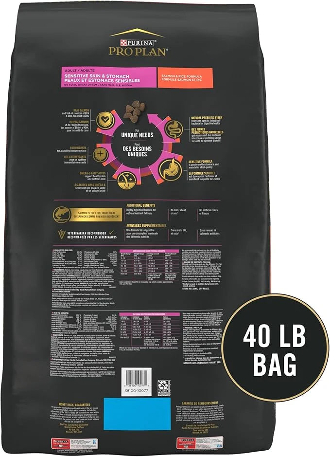 Purina Pro Plan Sensitive Skin and Stomach Dog Food Dry, Adult Salmon & Rice Formula, Digestive Health - 40 lb. Bag - Prod...