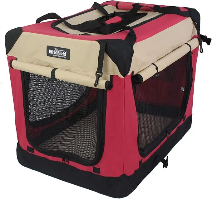 EliteField 4-Door Folding Soft Dog Crate with Curtains, Carrying Bag and Fleece Bed (2 Year Warranty), Indoor & Outdoor Pe...