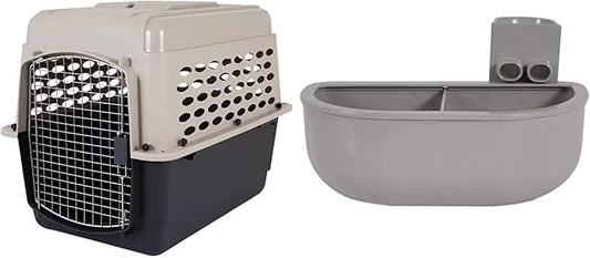 Petmate Vari Dog Kennel 32" and Petmate Double Diner Kennel Bowl, Gray, Small - Product Image