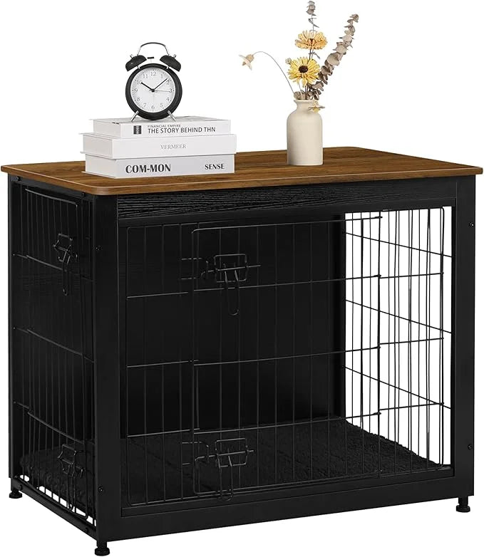 DWANTON Dog Crate Furniture with Cushion, Wooden Kennel Table with Double Doors, Indoor Dog House, Medium Size, 32.5" L, B...
