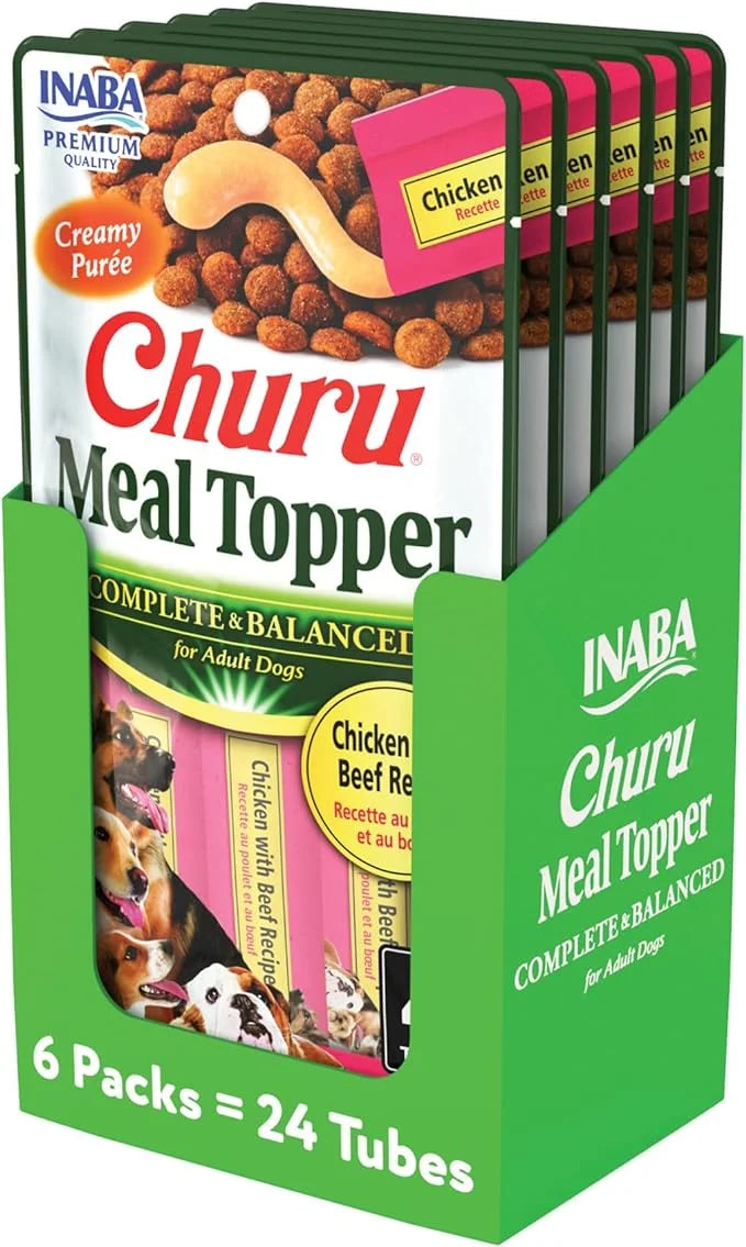 INABA Churu Meal Topper for Dogs, Complete & Balance, Creamy, Lickable Purée Dog Food Topper, 0.5 Ounce Tube, 24 Tubes (4 ...