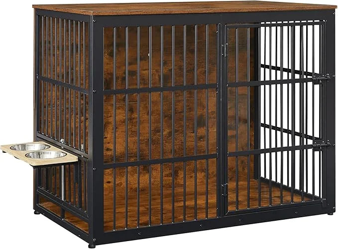 Dog Crate Furniture, 48 Inch Dog Kennel Furniture, Wooden Dog Crate Furniture Large Breed with Rotating Bowls, Heavy Duty ...