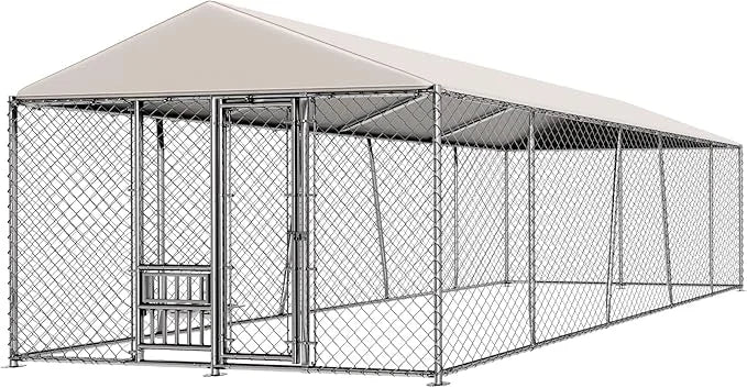 10 x 20FT Large Outdoor Dog Kennel with Bowls, Dog Kennel Outside with Waterproof Cover Roof, Galvanized Heavy Duty Chain ...