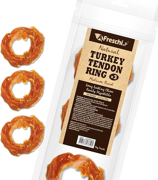 Afreschi Turkey Tendon for Dogs, Medium Ring 3.17 oz, USA-Sourced Turkey, All Natural Human Grade Dog Chew, Hypoallergenic...