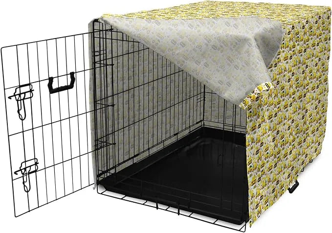 Lunarable Cartoon Dog Crate Cover, Construction Vehicles Style Machines Safety Building Theme, Easy to Use Pet Kennel Cove...