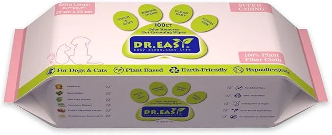 DR.EASY Super Caring Pet Wipes 100ct for Dogs and Cats, Cleans Ears, Face, Butt, Body and Eye Area – Convenient, Ideal for...