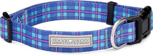 Lucky Love Dog, Blue and Violet Plaid Dog Collar, Adjustable & Comfy Collar for Boy and Girl Dog, Easy On & Off Clasp Acce...