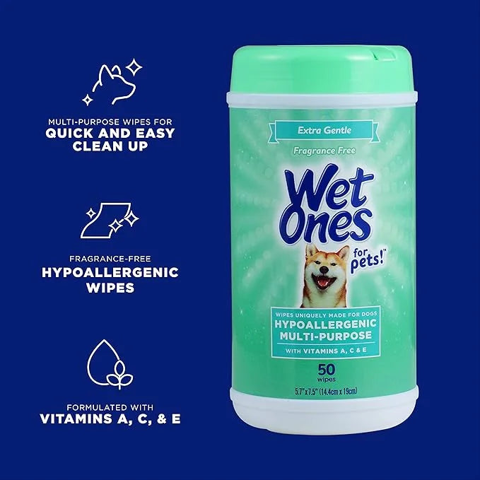 Wet Ones for Pets Hypoallergenic Multi-Purpose Dog Wipes with Vitamins A, C & E, 50 Count - 12 Pack | Fragrance-Free Hypoa...