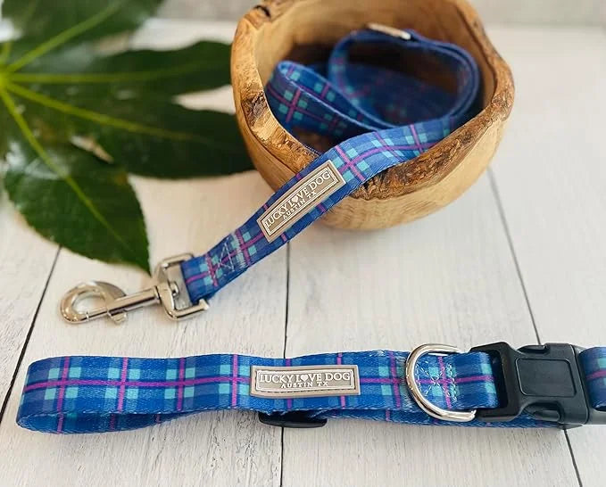 Lucky Love Dog, Blue and Violet Plaid Dog Collar, Adjustable & Comfy Collar for Boy and Girl Dog, Easy On & Off Clasp Acce...