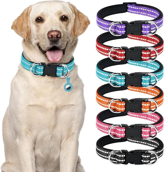 AUAUY Reflective Nylon Dog Collars, Adjustable Classic Pet Collars with Soft Neoprene Padding, Double Security Dual D-Ring...