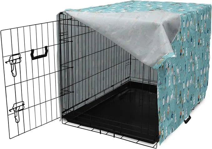 Lunarable Christmas Dog Crate Cover, Winter Games Theme Pattern with Snowman Trees Snowboard Reindeer and Adults, Easy to ...