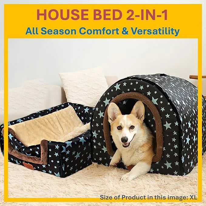 2 in 1 Extra Large Pet Winter House Convertible to Bed with Warm Cushion Mat, 2 Way Indoor Outdoor Portable Dog Kennel, Re...