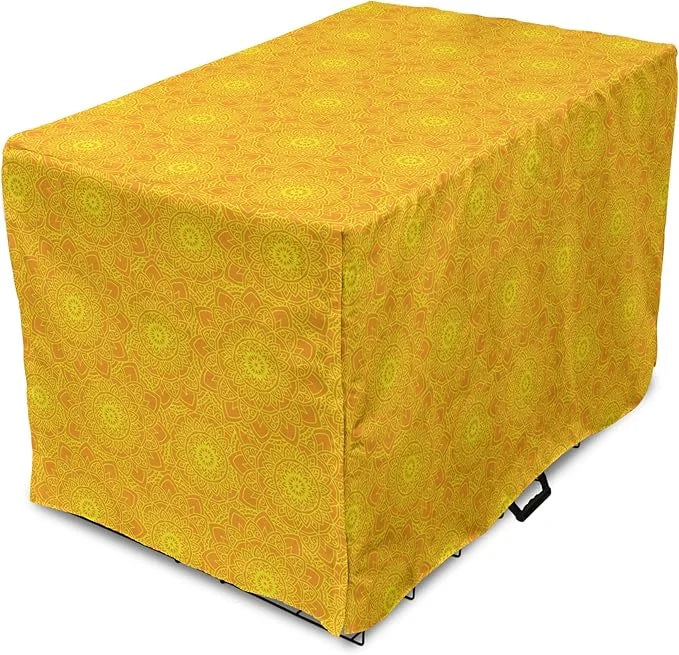 Lunarable Yellow Mandala Dog Crate Cover, Vibrant Colored Abstract Lotus Flowers Native Art Warm Sun Inspired, Easy to Use...