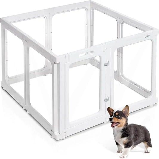 Clear Dog Playpen Indoor, 24" Acrylic Plastic Pet Play Pen with Door, Playpen for Puppy Cat Rabbit Ferret, Easy to Install...