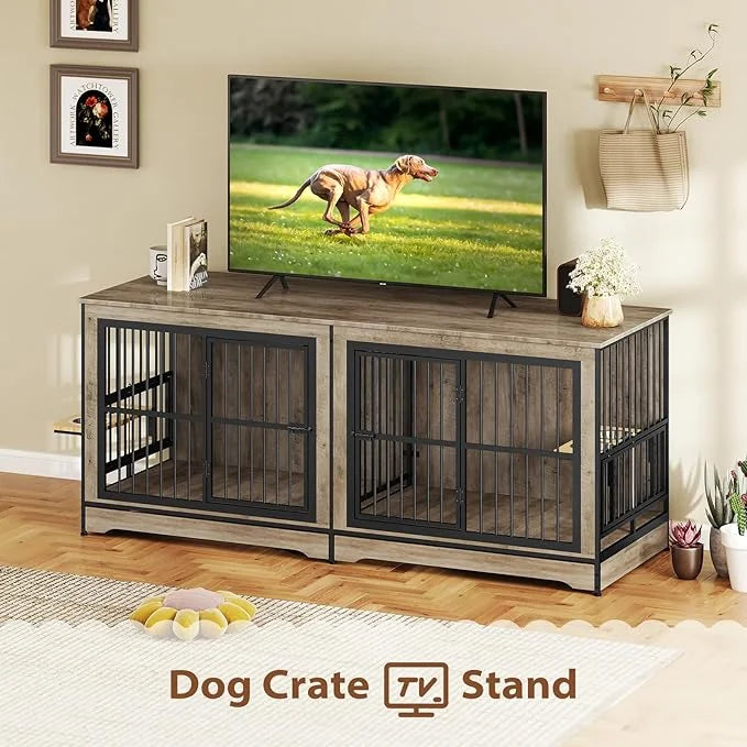 Rovibek 78 Double Dog Crate Furniture for 2 Large Dogs Indoor, Wooden Furniture Dog Crates with Dog Bowl, Dog Kennel Furni...