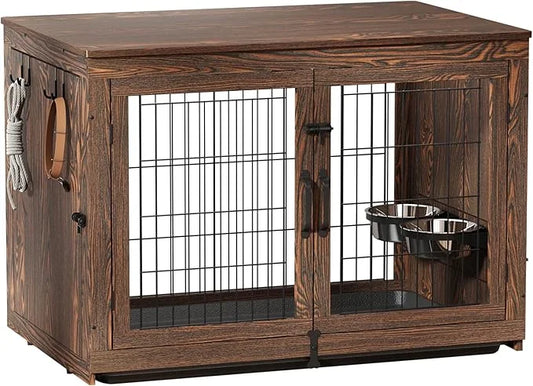 Piskyet Wooden Dog Crate Furniture with 360°Rotatable Removable Dog Bowls, Dog Crate End Table with Tray, Double Doors Dog...