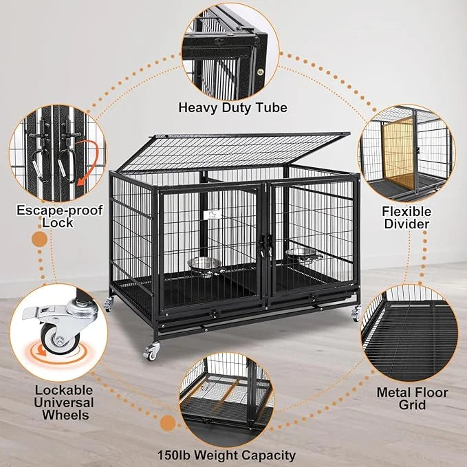 Homey Pet 43 Inch Metal Open Top Stackable Heavy Duty Dog Cage Kennel with Three Door, Metal Floor Grid, Tray, Wheels, Div...