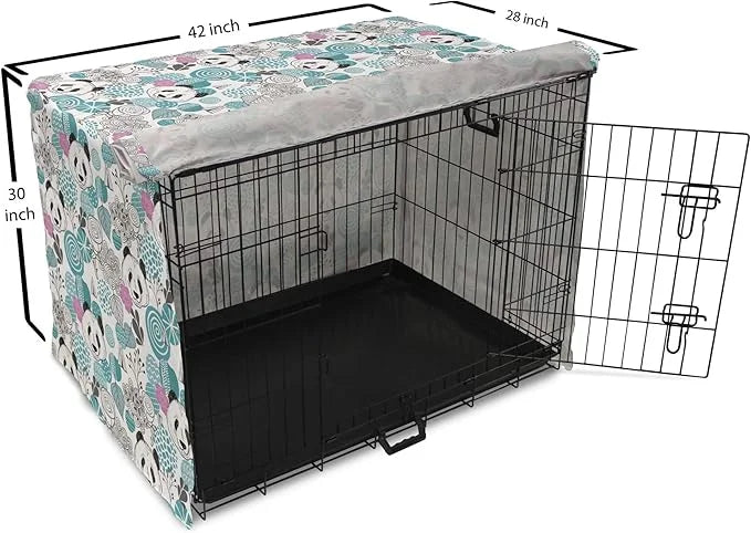 Lunarable Panda Dog Crate Cover, Portraits of Chinese Bears on Sketch Flowers and Abstract Circular Shapes, Easy to Use Pe...