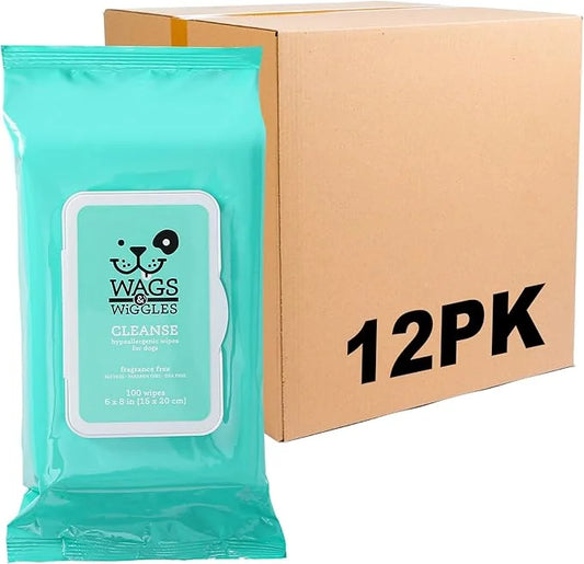 Wags & Wiggles Cleanse Hypoallergenic Wipes 100ct | Hypoallergenic Dog Wipes Fragrance Free | Waterless Bathing to Keep Pe...