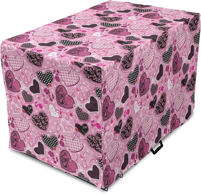 Lunarable Hearts Dog Crate Cover, Sewing Themed Love with Polka Dots Valentine's Day Inspired Image, Easy to Use Pet Kenne...