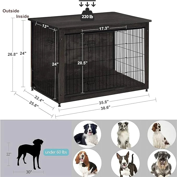 DWANTON Dog Crate Furniture with Cushion, Wooden Kennel Table with Double Doors, Indoor Dog House, Large Size, 38.5" L, Da...