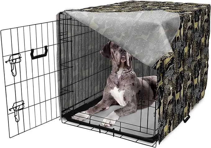Ambesonne Christmas Dog Crate Cover, Nature Woodland and Deer Silhouettes with Oriental Ornaments Design, Easy to Use Pet ...