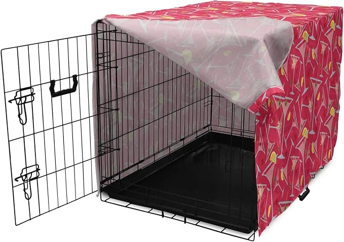 Lunarable Drinks Dog Crate Cover, Exotic Pattern of Tropical Cocktail Party Glasses with Lemons Slice, Easy to Use Pet Ken...